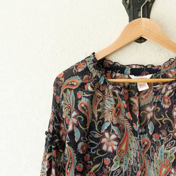 Sundance Silk Peasant Blouse Womens Small Floral Tassel Tie Sheer Boho Top - Picture 3 of 13